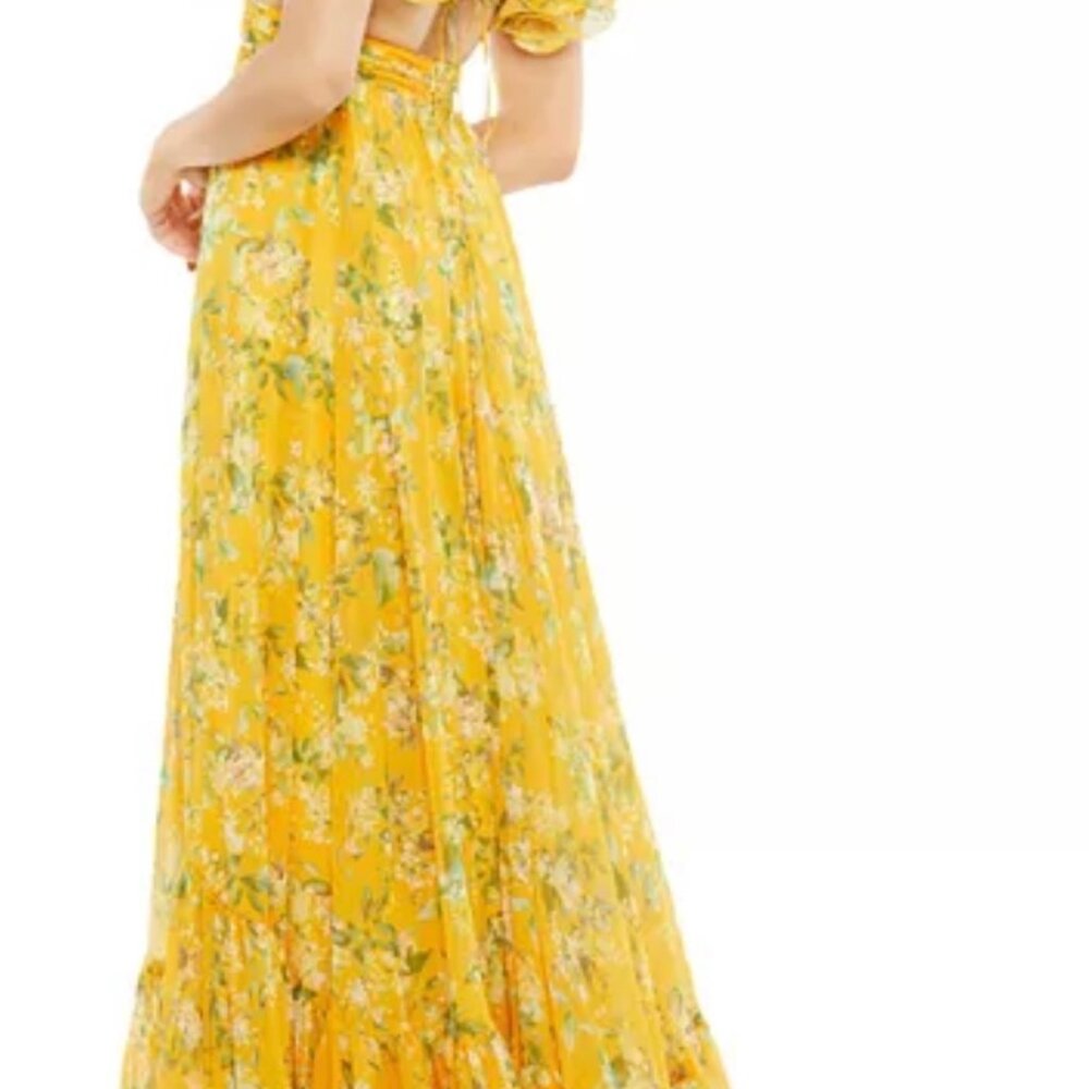 Mac Duggal yellow ruffle tiered floral cut out chiffon gown
